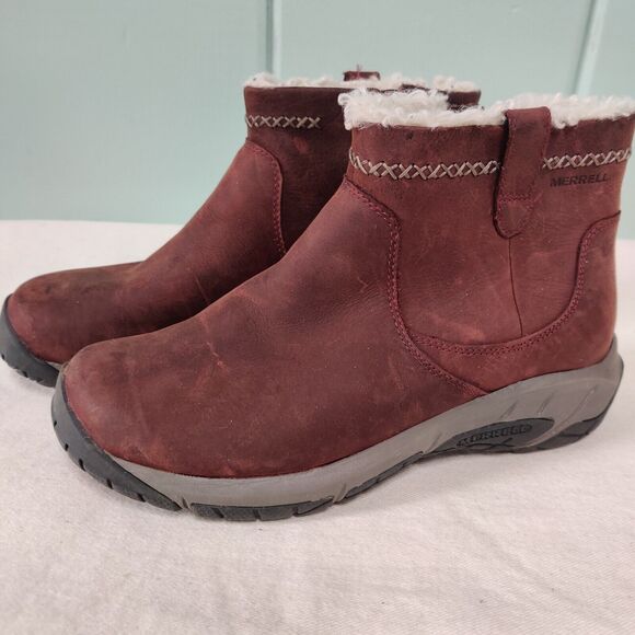 Merrell Encore 4 Boots Womens Sz 7 Burgundy Zip Waterproof Snow Ice Vibram - Picture 1 of 10